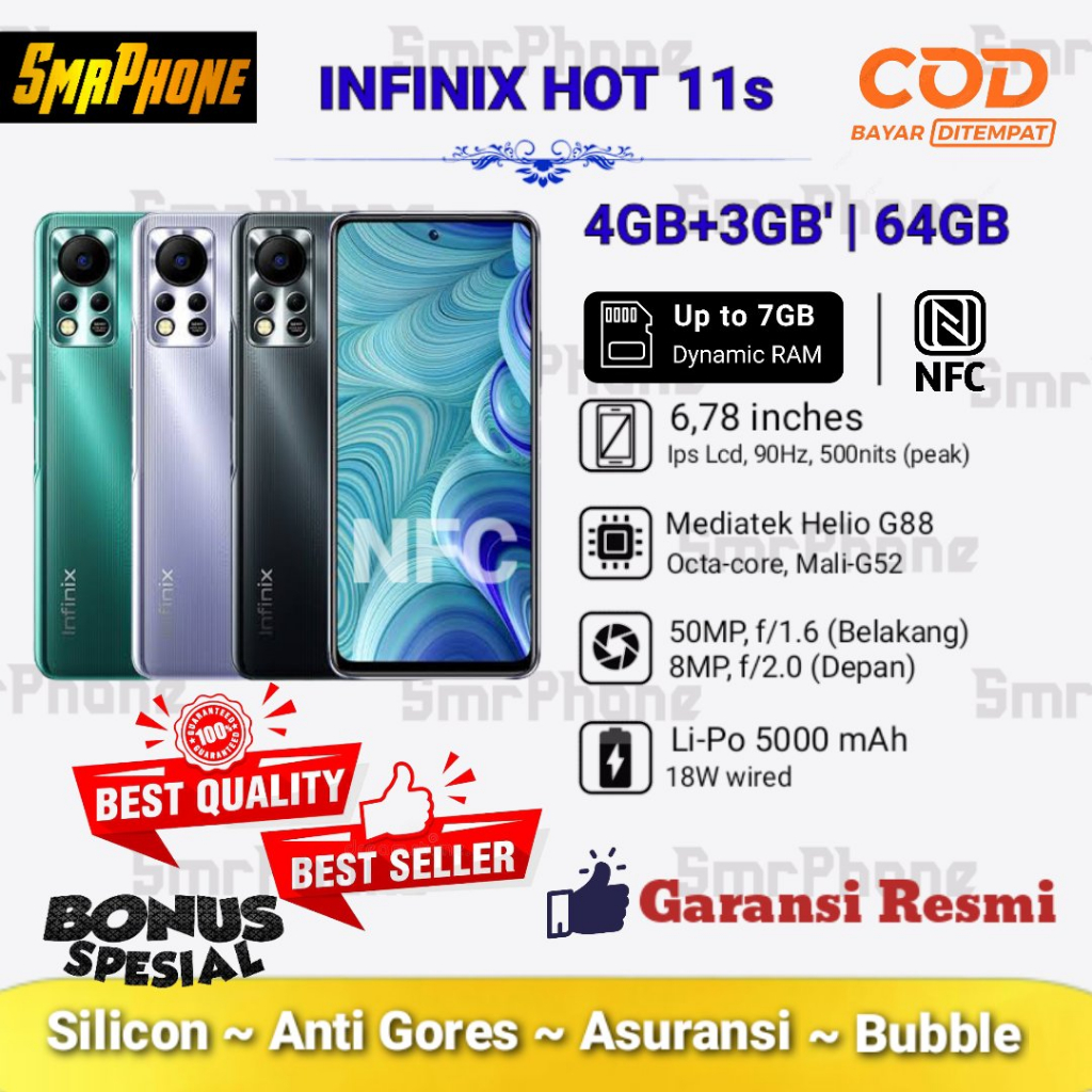 Infinix Hot 11S NFC Ram 4+3GB/64GB - Up to 7GB Extended RAM - Baru & Segel Bergaransi Resmi