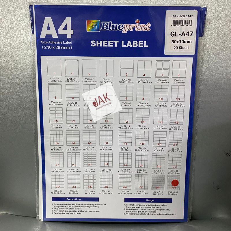 

Kertas Label Sticker HVS Doff A4 BLUEPRINT Uk 30 x 10 mm - 20 lembar