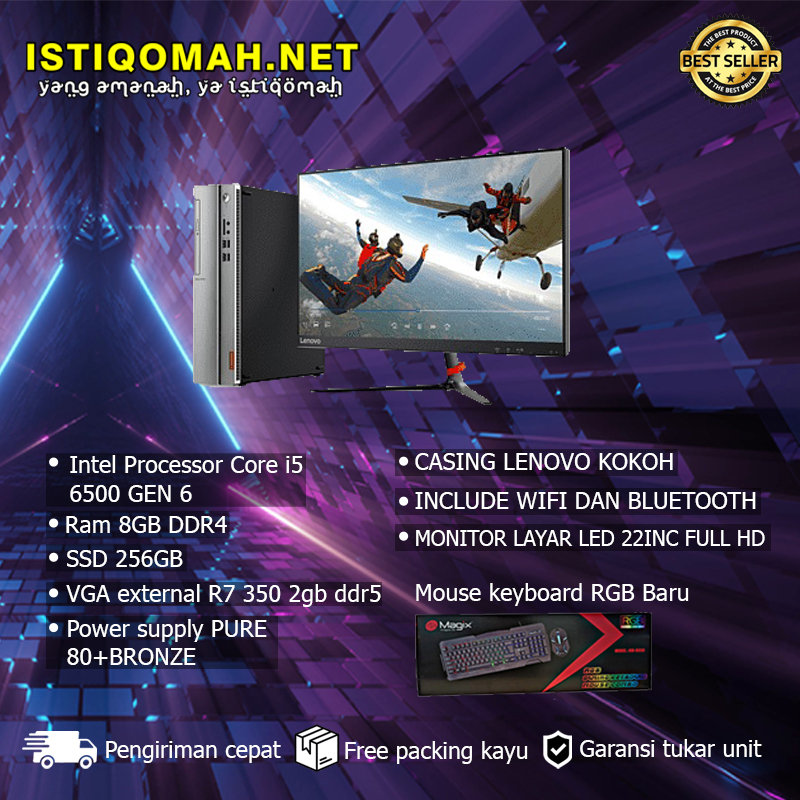 KOMPUTER FULLSET GAMING LENOVO INTEL I5 6500 DDR4 VGA R7 350 2GB DDR5 SSD 256GB LED 22" MOSKEY RGB