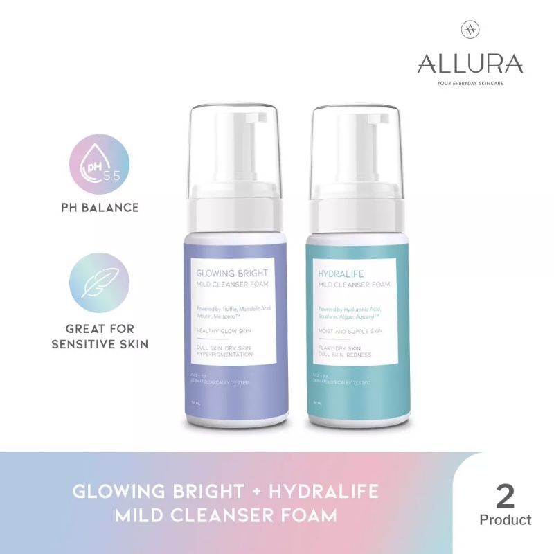 Cleanser Foam Wajah. Cleanser. Allura Glowing Bright & Hydralife Mild Cleanser Foam