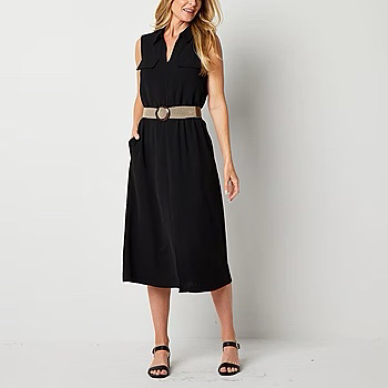 Black Midi Dress / Shirt Dress Hitam / Dress Kantor / Sleeveless Dress Kemeja Hitam