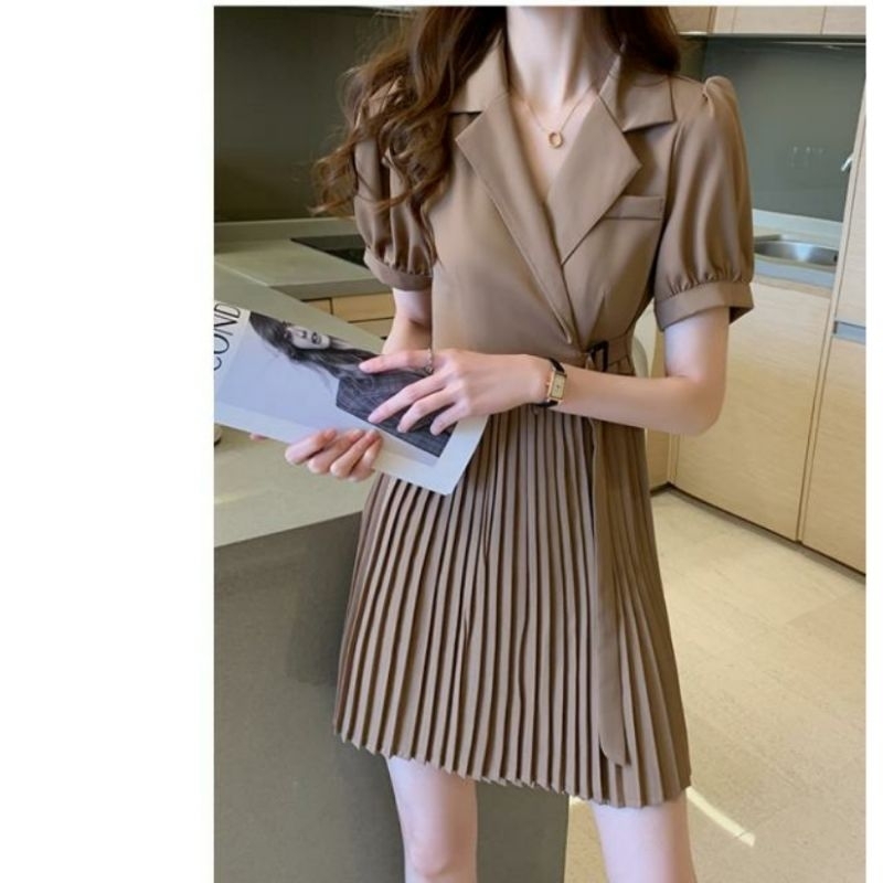 1334 Fashion Fashionkorea autfit minidress mini dress dres depan kimono blejer vi neck bawah plisket