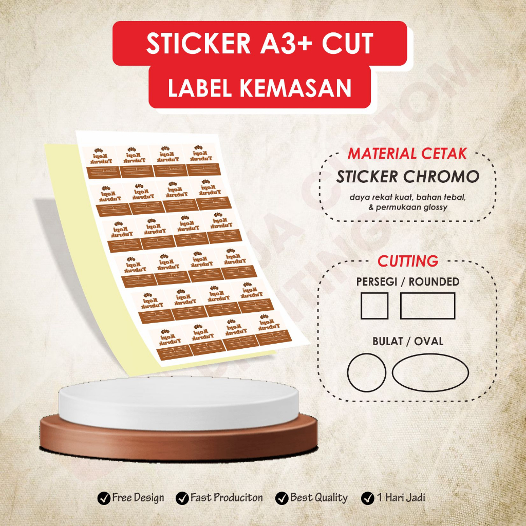 

RADJA CUSTOM CETAK STICKER LABEL CHROMO A3+ KEMASAN BRAND LOGO PRODUK OLSHOP