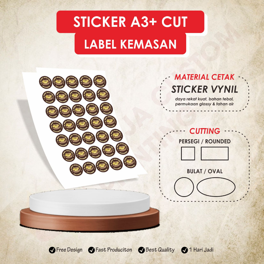 

RADJA CUSTOM CETAK STICKER LABEL VYNIL A3+ KEMASAN BRAND LOGO PRODUK OLSHOP - STICKER LABEL VYNIL ANTI AIR