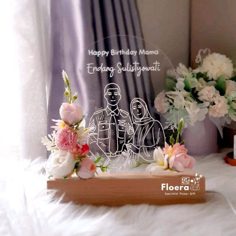 

Hadiah bunga akrilik ilustrasi sketsa kado ulang tahun anniversary wisuda custom cantik