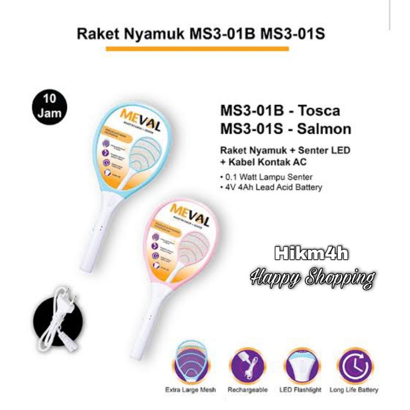 Meval Raket Nyamuk + Senter LED + Kabel Charger / Raket Nyamuk