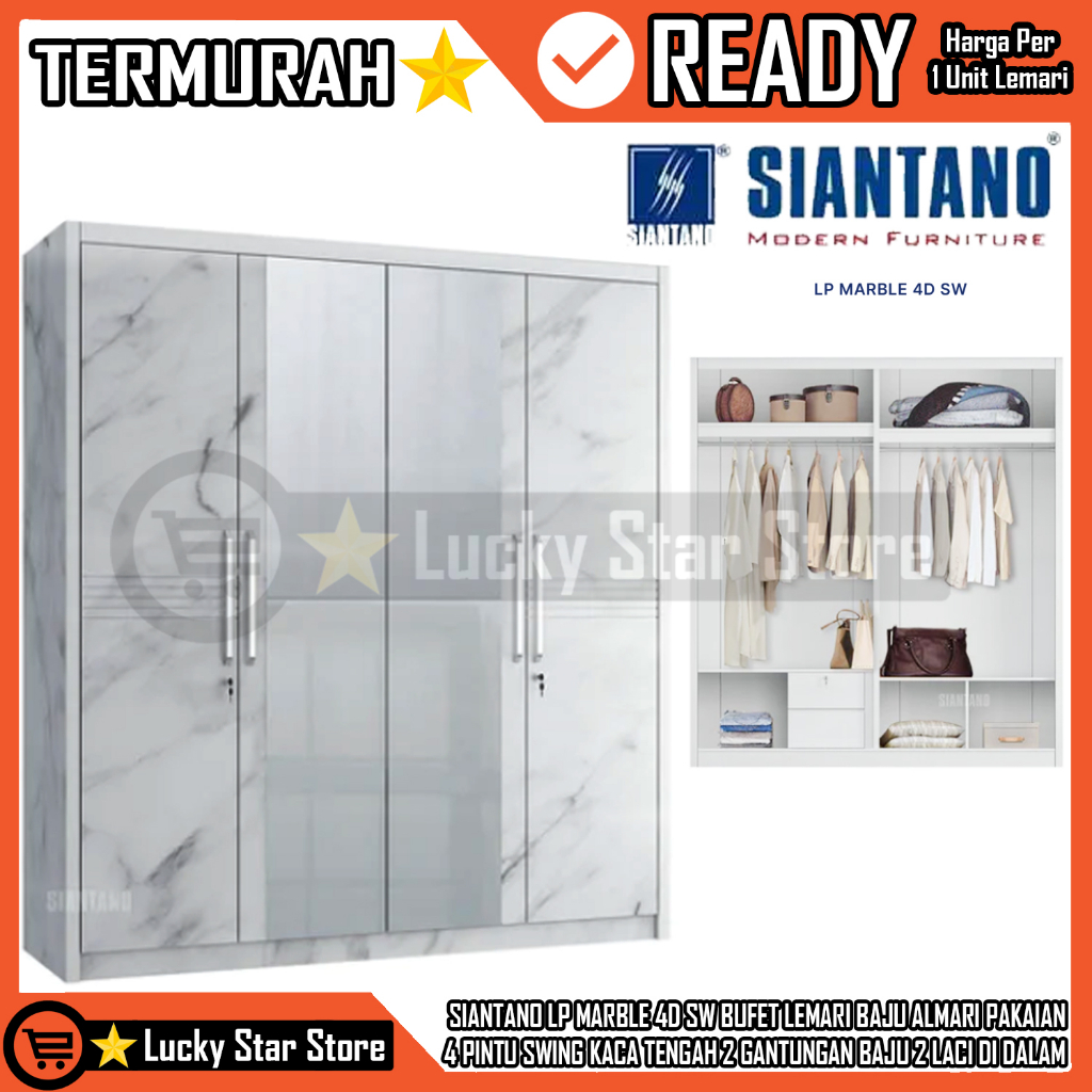 {INSTANT} SIANTANO LP MARBLE 4D SW BUFET LEMARI BAJU ALMARI PAKAIAN  4 PINTU SWING KACA TENGAH 2 GAN