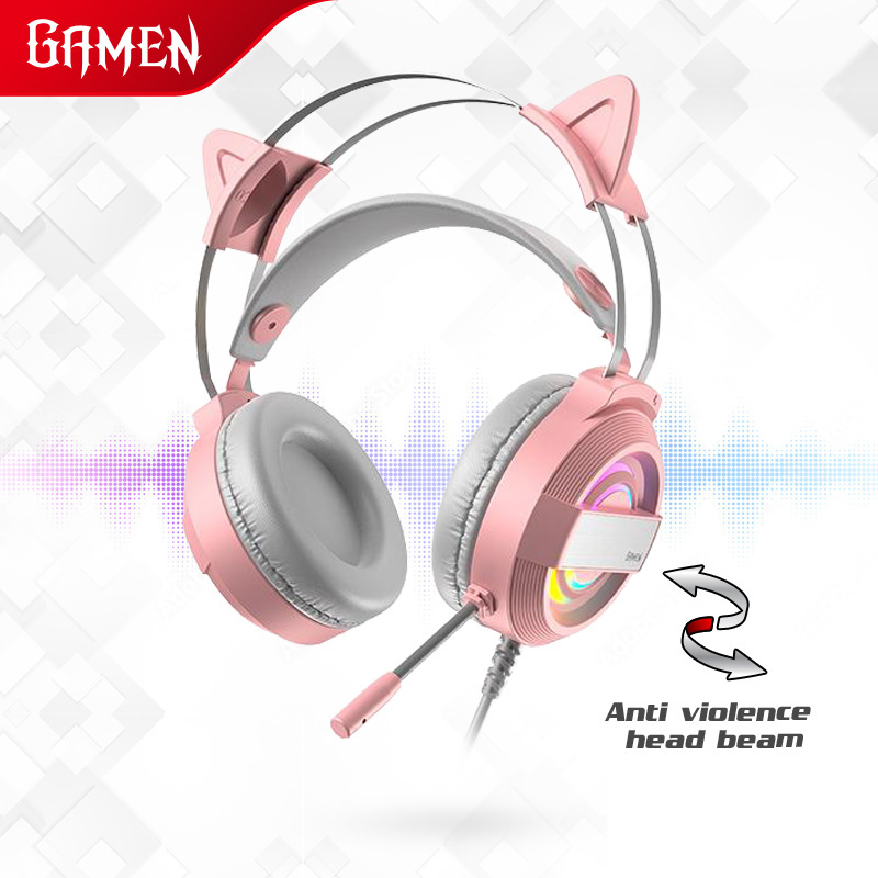 GAMEN Headphone Gaming Cat Ear GH1100 Pink LED RGB Lighting Original Bass - Garansi 1 Tahun