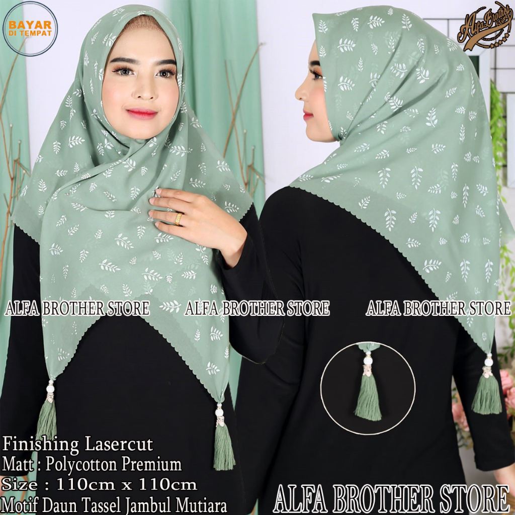 Hijab Segi Empat Tassel Motif Daun jambul Mutiara Tepi Laser Cut Warna Terlengkap Jilbab Anti Mleyot