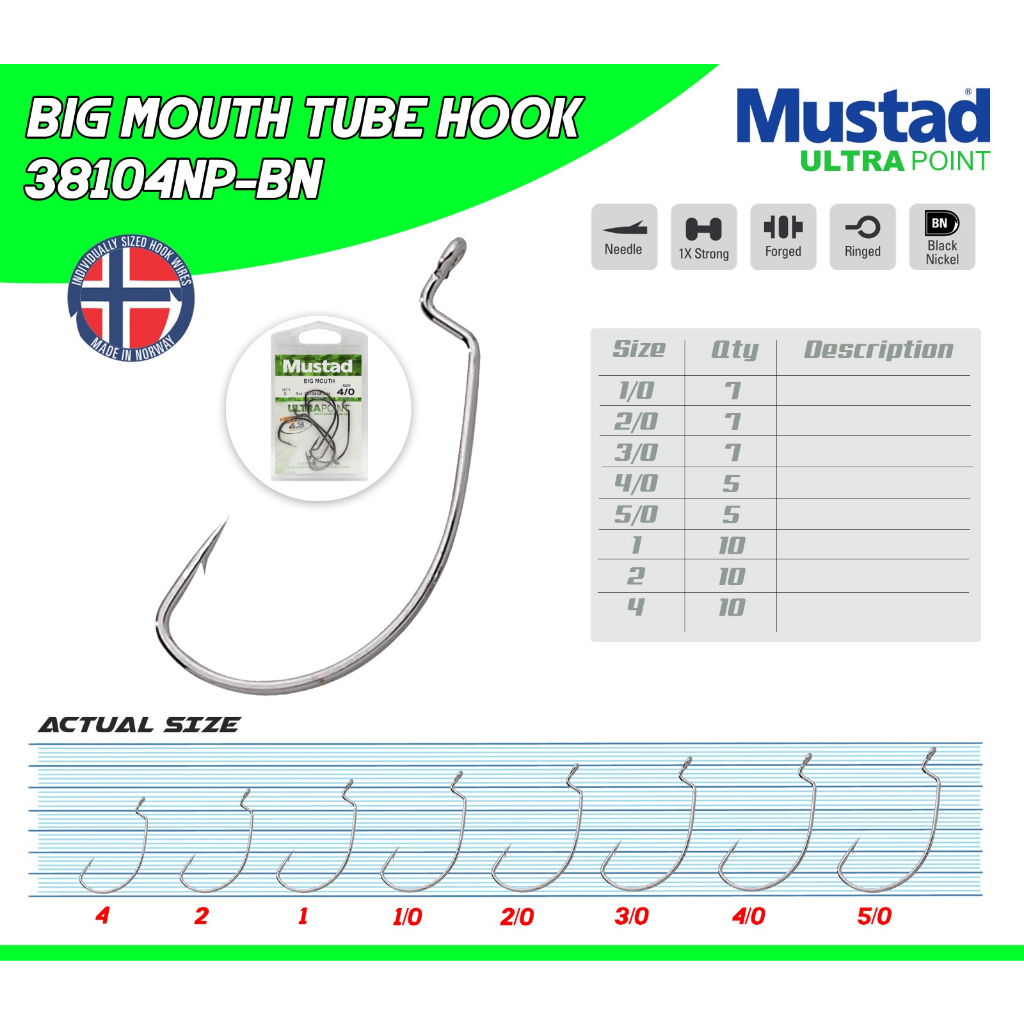 PUSATPANCING5 - Mata pancing Mustad Big Mouth Tube Hook 38104NP Kail Worm Hook Cocok Untuk Soft Lure