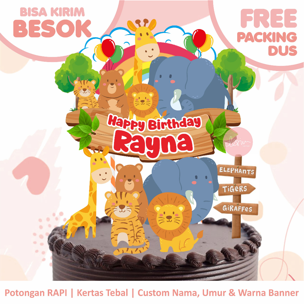Cake Topper Zoo/Hewan/Animal (Custom Nama & Umur) FREE PACKING DUS