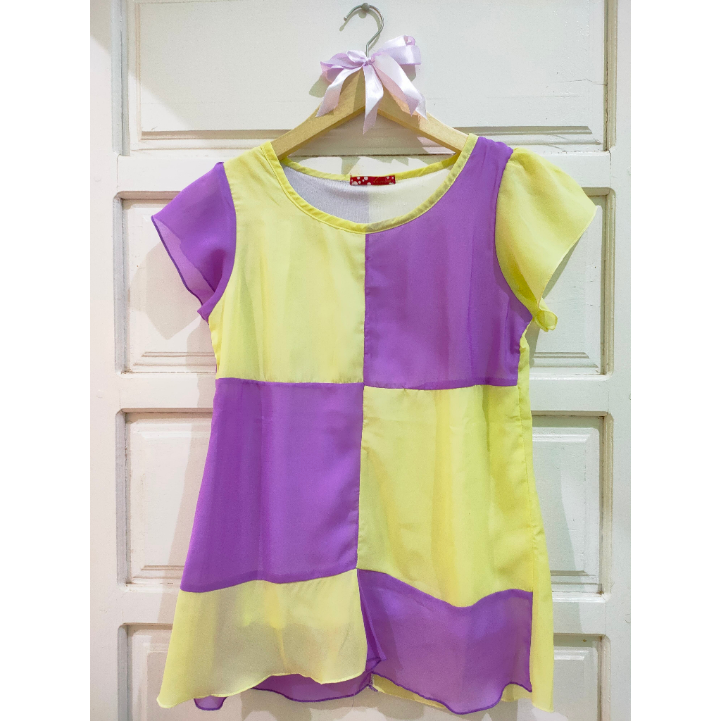 [PRELVD] BLOUSE KOTAK TWO TONE YELLOW PURPLE // Import Butik Butter Violet Ungu Kuning women top wom