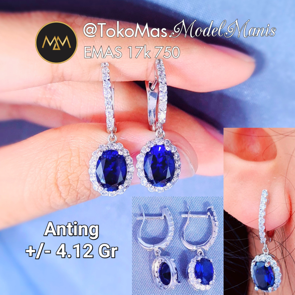 Anting Jepit Royal Blue Emas Putih 750 kadar 17k