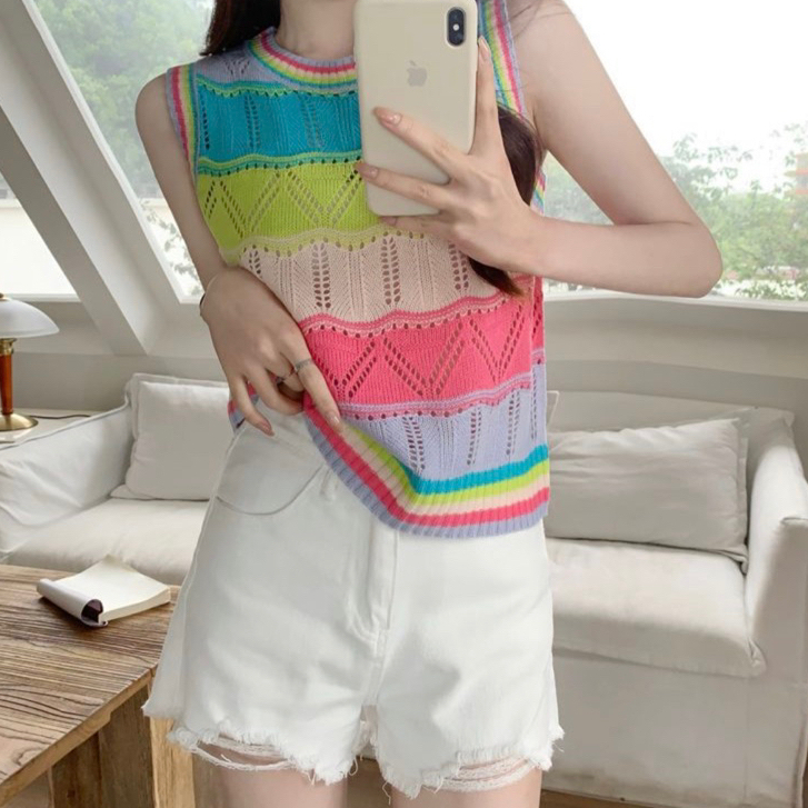 RAINBOW VEST | AV239 | ROMPI RAJUT OUTERWEAR KNIT SUMMER TOP CUTE KOREAN STYLE