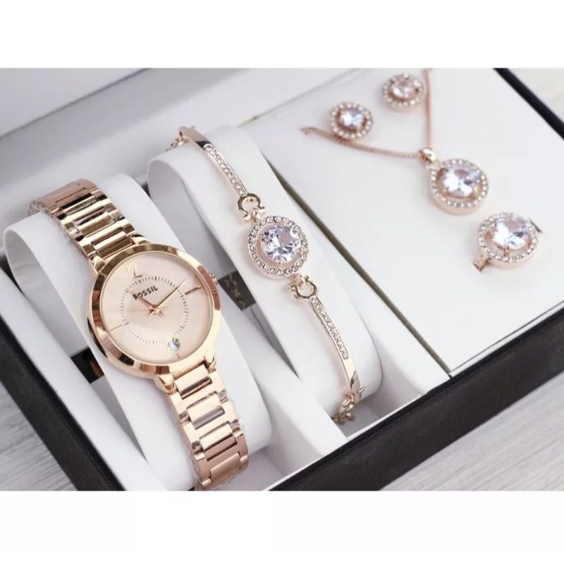JAM TANGAN FASHION WANITA JAM TANGAN FOXXIL GIFT SET ANTING KALUNG GELANG CINCIN JAM TANGAN WANITA P