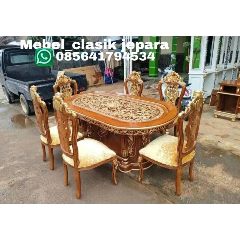 meja makan ukir jati kursi 6 + kaca