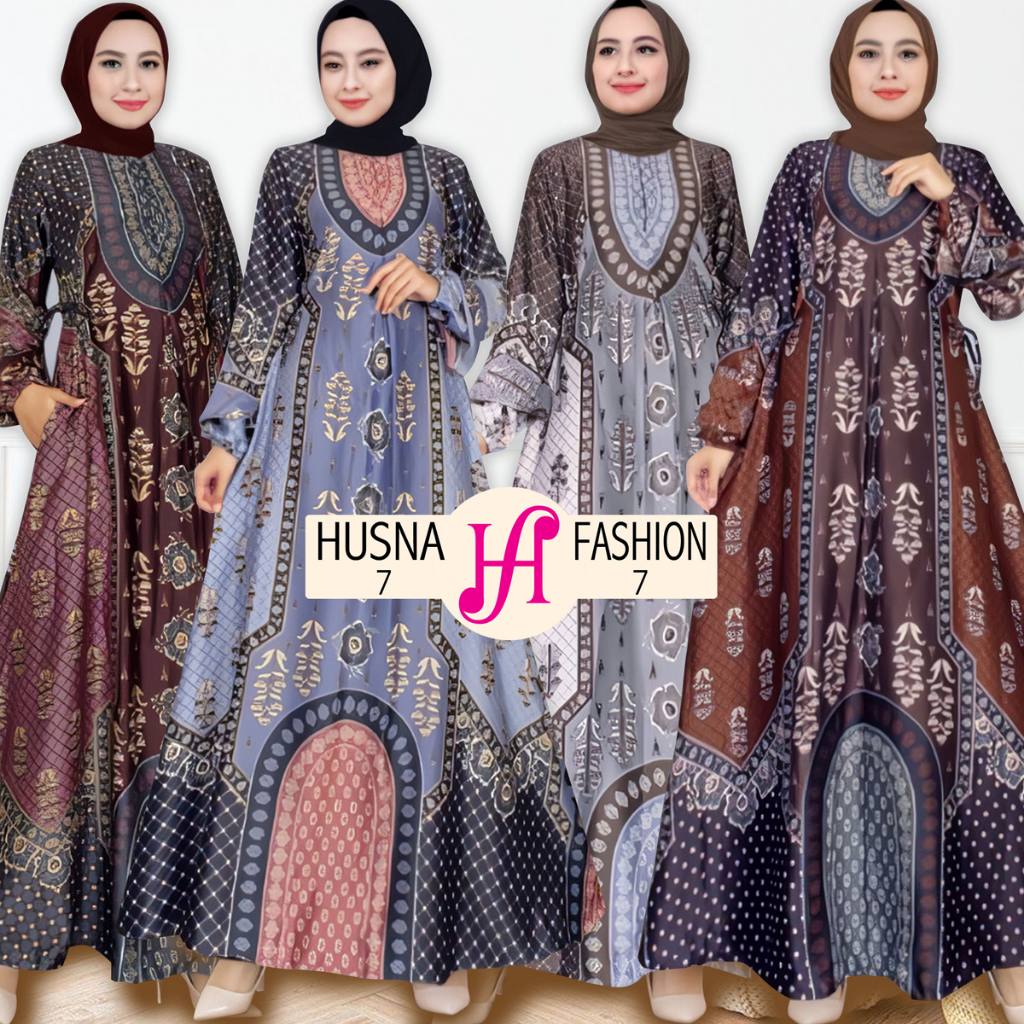 Gamis Raflesia bahan silk premium licin adem mengkilat warna biru maroon abu coklat ukuran M,L,XL,4L