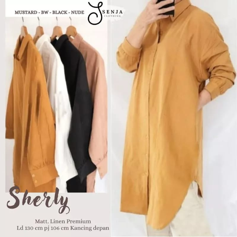 SHERLY | ld 130 | Premium Linen | by SENJA | Tunik kemeja polos wanita lengan panjang full kancing d