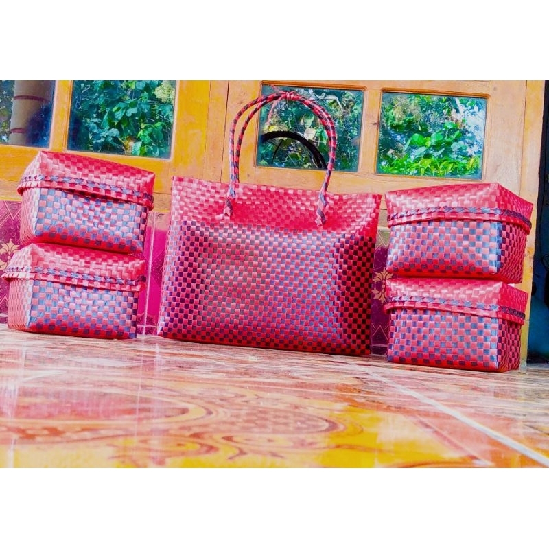 Set Tas Keben BALI isi 4/ Tas set Keben bahan DECOUPAGE plastik kaca / Tas canang / Set tas besek BA