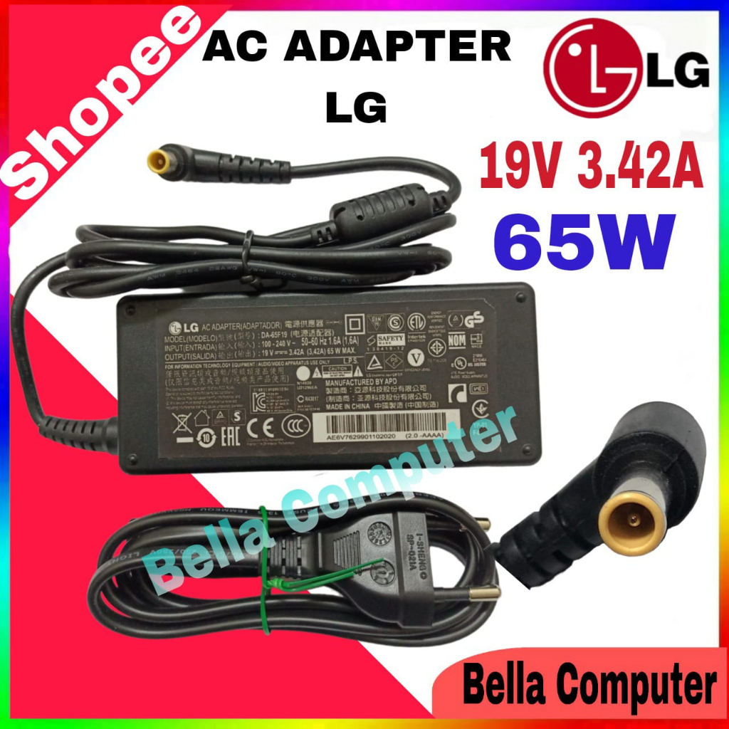 Adaptor Charger Monitor TV LED LG 19V 3.42A 65W Compatible LG DA-65F19 DA-48F19 LCAP35 DA-65G19 DA-6