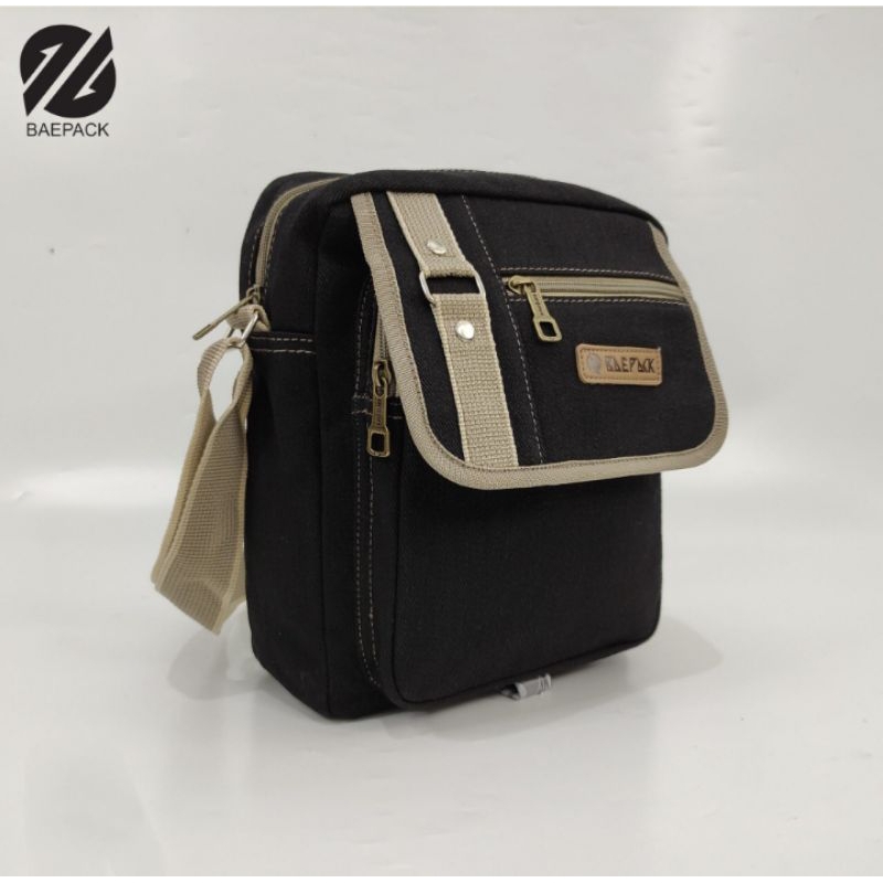 Tas selempang pria merk baepack terbaru motif polos resleting kain kanvas/tas baepack kerja