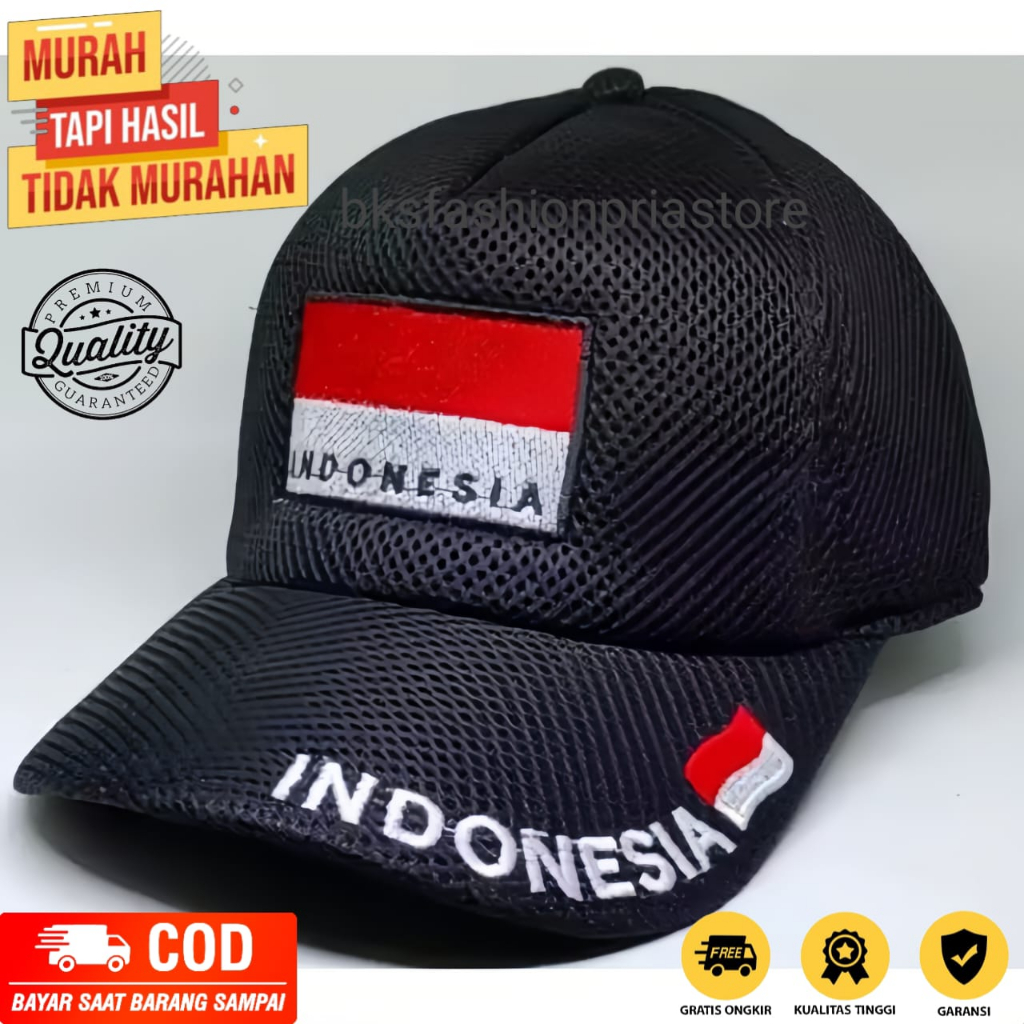 TOPI PRIA LOGO BENDERA INDONESIA HITAM / TOPI JARING INDONESIA / TERMURAH