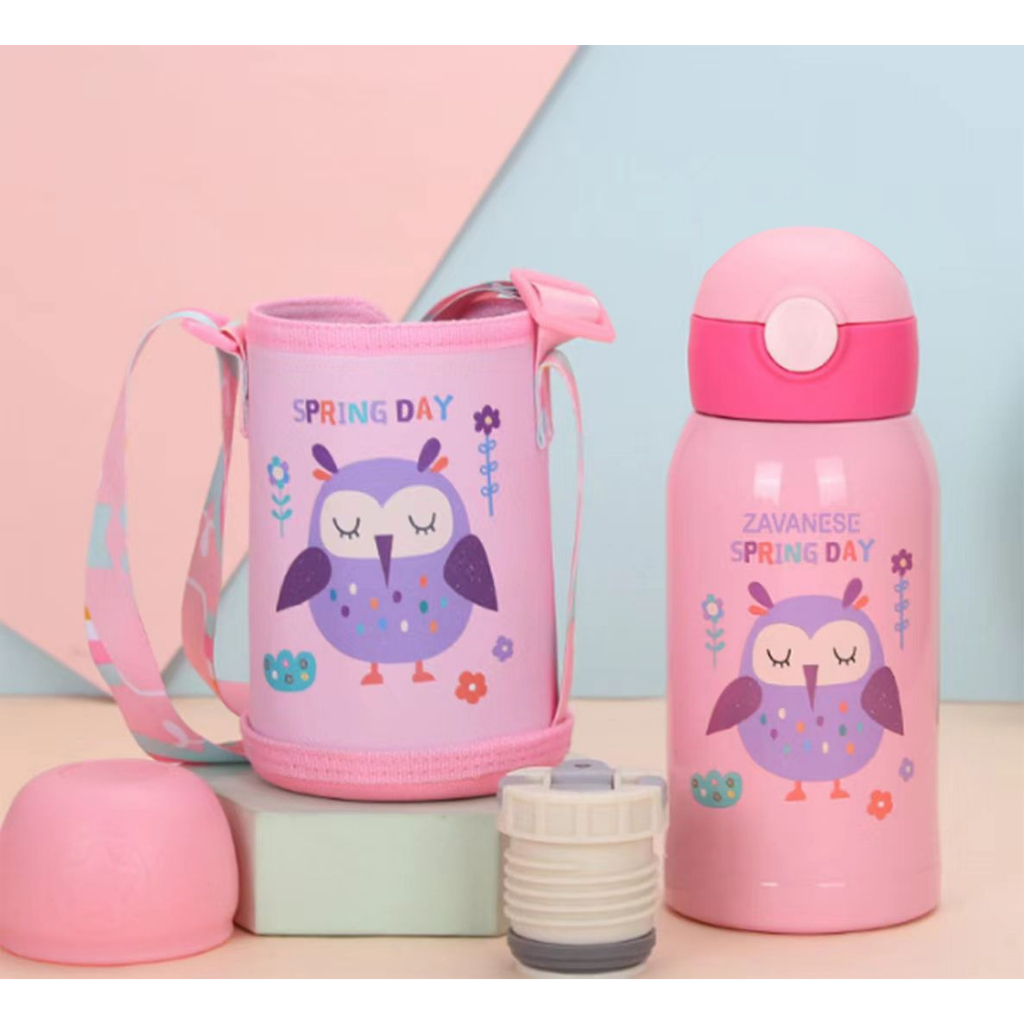 *COD* Botol Minum Bayi Zavanese 2in1& 3in 1 Dot dan Sedotan 240 & 300 ml Training Cup Karakter BPA Free-TERMOS 2IN1 PINK