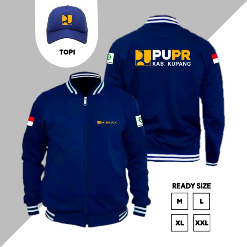 Jaket Varsity Logo PUPR Custom Bordir Free Topi