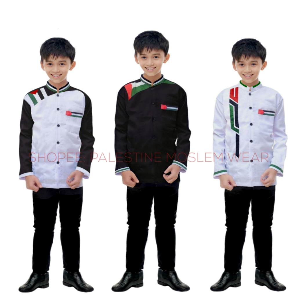 Baju Koko Anak Palestina Remaja Putih Hitam Coklat Abu Lengan Panjang