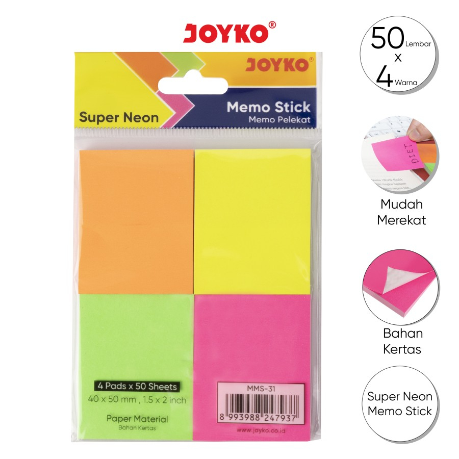 

Memo Stick / Sticky Notes / Kertas Memo Tempel Joyko MMS-31 Super Neon