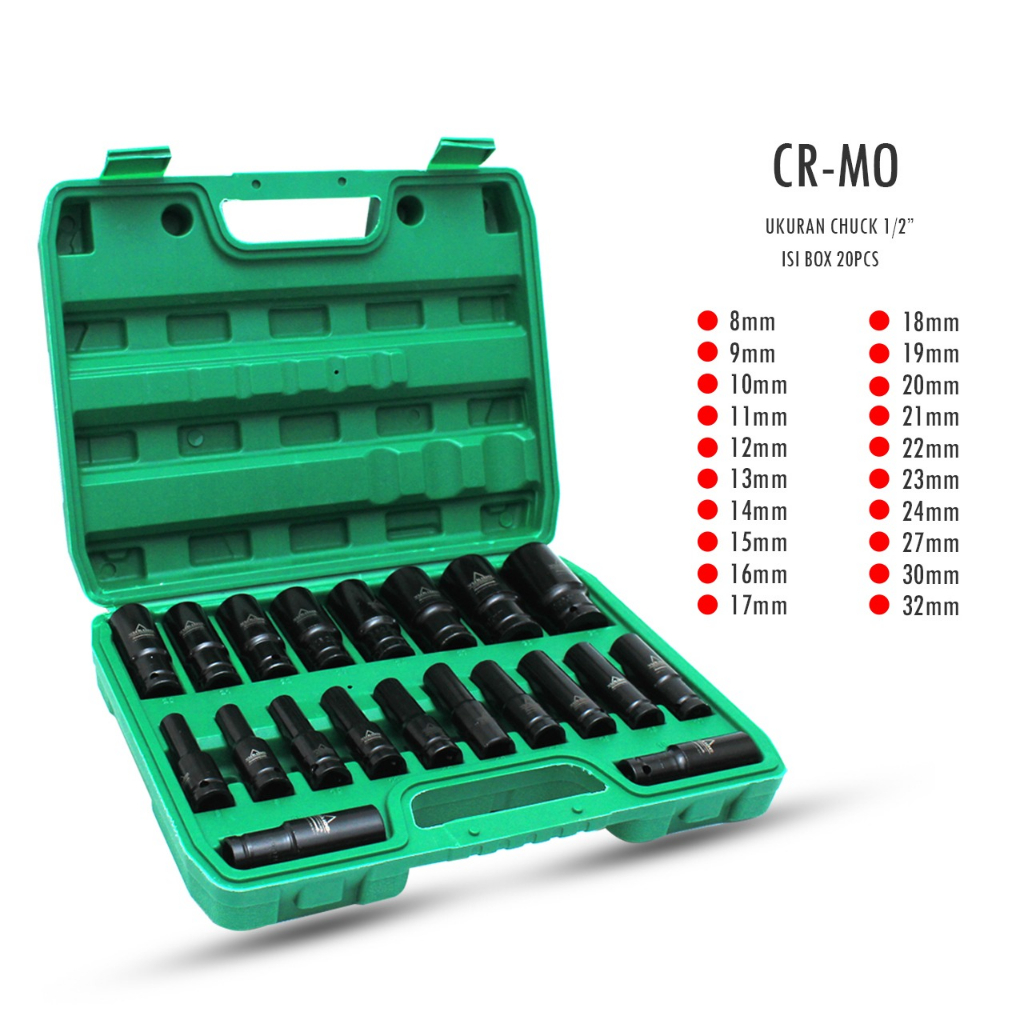 Mata Impact Wrench Socket 20 pcs dan 10 pcs 1/2 Inch Mata Sok Panjang 8mm - 32mm