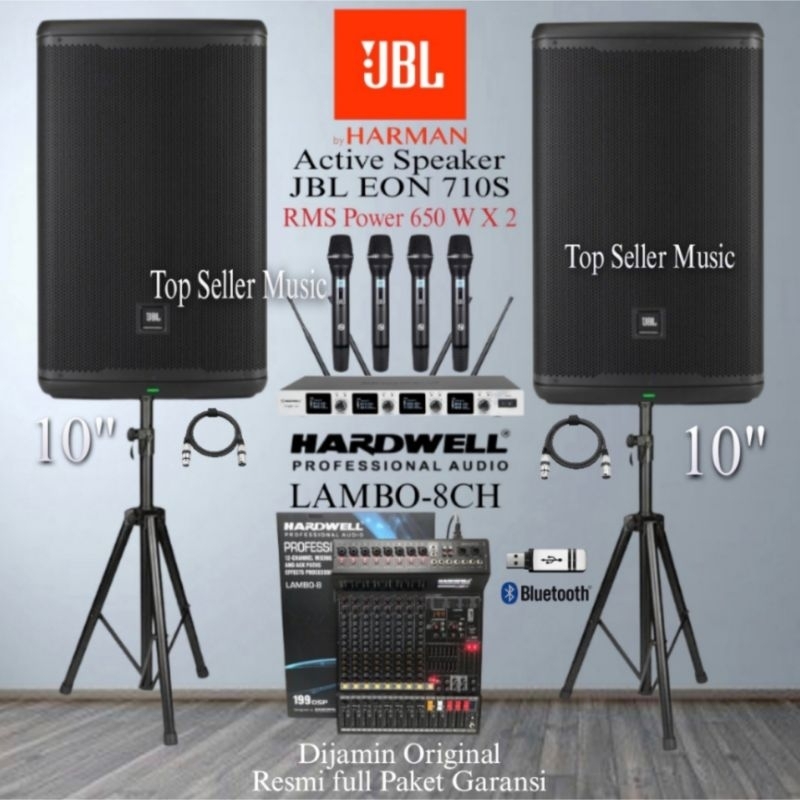 PAKET SOUND SYSTEM AKTIF SPEAKER JBL EON710S ORIGINAL MIXER HARDWELL LAMBO-8 MIC 4 DRAGON 4U
