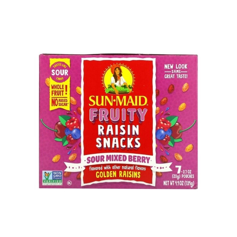 

Sun-Maid Fruity Raisin Snacks Sour Mixed Berry 7 Pouches 0.7 oz 20 gr Each