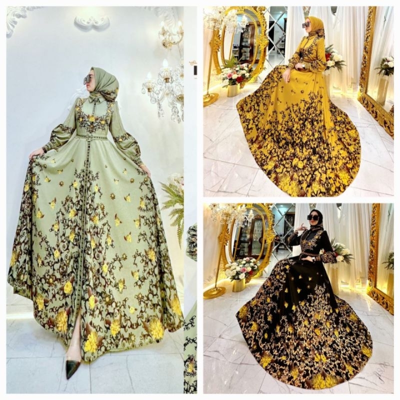 COD  NEW SHR ORI 100% DRESS MAXI SCUBA bunga sage kuning hitam PREMIUM SYAHIRA