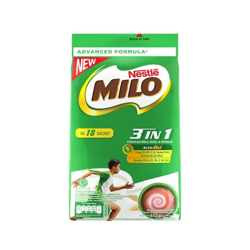 

Milo 3in1 minuman Serbuk Cokelat Sachet 18 x 34gr