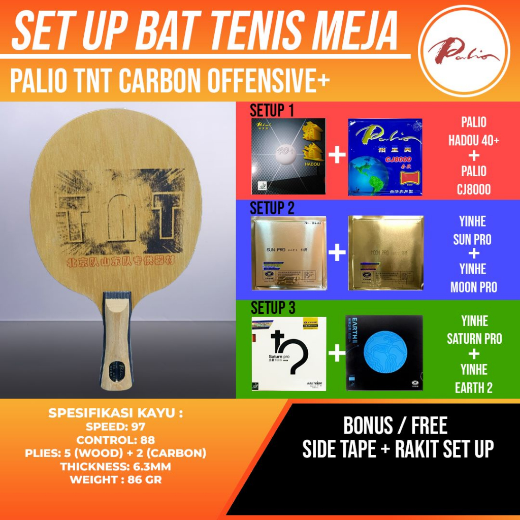 Paket Bat Pingpong Rakitan Palio TNT Carbon Offensive Plus Yinhe Palio