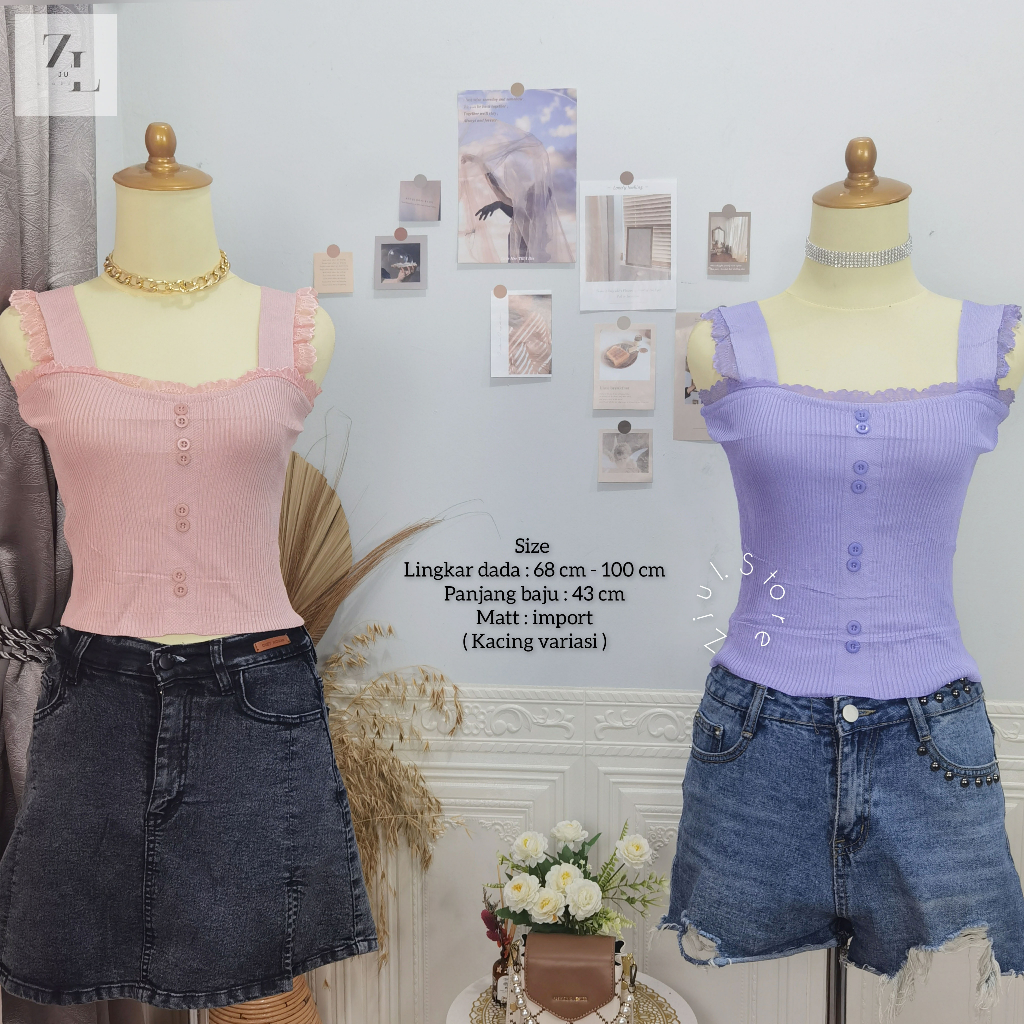 ZjuL(COD) - ELIJAH Tank top Import wanita variasi renda kancing / Singlet Wanita / Tanktop Crop / At