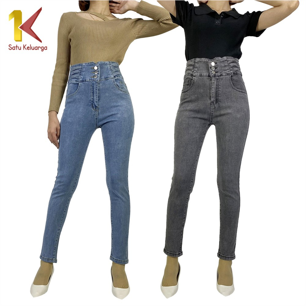 1K Celana Skinny Jeans Stretch Highwaist Wanita Model Tali Silang Samping  Fashion P559 Denim Ngaret