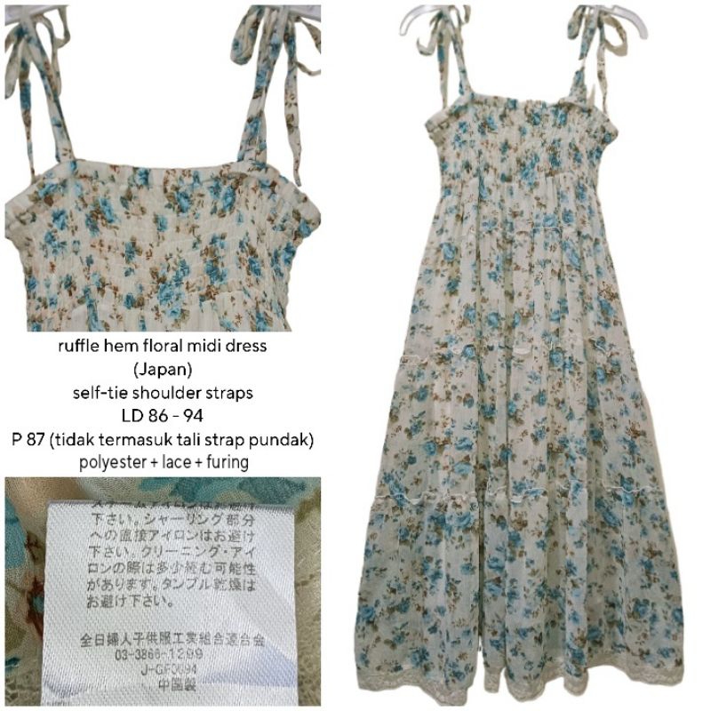 Preloved Second PL (Japan) Tie Shoulder Straps Floral Ruffle Hem Midi Dress