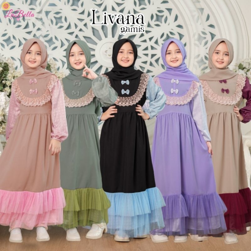 ORIGINAL GAMIS ANAK PESTA LABELLA PREMIUM LIVANA BAHAN WOLCREP TUTU SET JILBAB WARNA HIJAU UNGU COKL