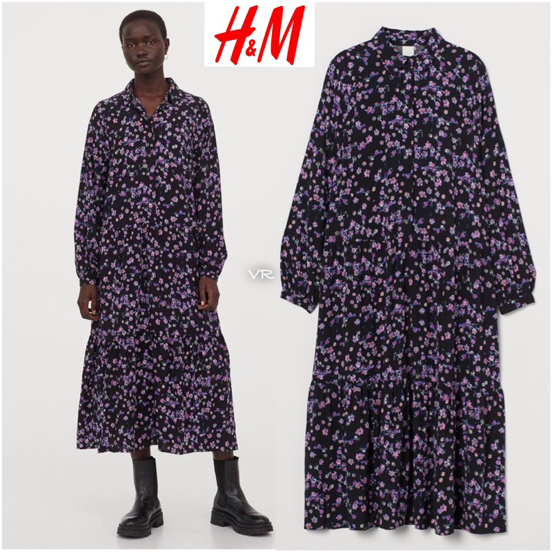 LONG DRESS HM POPLIN MaXI DRESS LENGAN PANJANG BLACK PURPLE