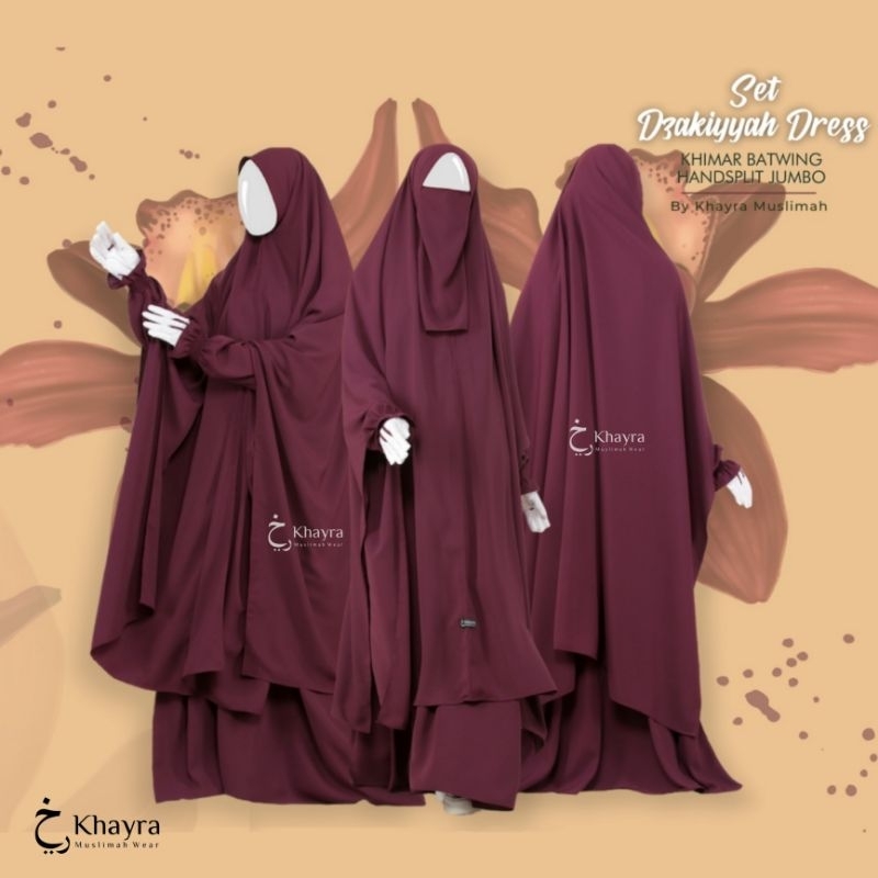 SET DZAKKIYAH DRESS KHIMAR HANDSPLIT JUMBO FREE CADAR BY KHAYRA MUSLIMAH