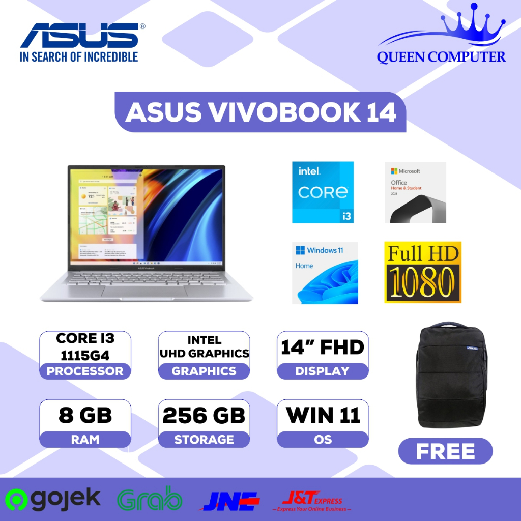 Laptop ASUS VIVOBOOK INTEL Core i3 1115G4 RAM 8GB SSD 256GB W11 Garansi Resmi