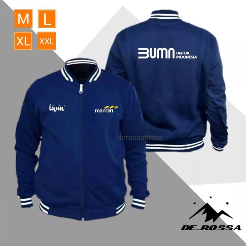 Jaket Varsity logo BUMN Bank mandiri Livin gratis topi mandiri/livin