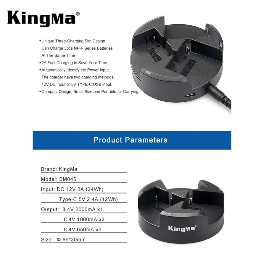 KINGMA Smart 3-Slot Charger Sony NP-F970 NP-F550 + Fast Adaptor