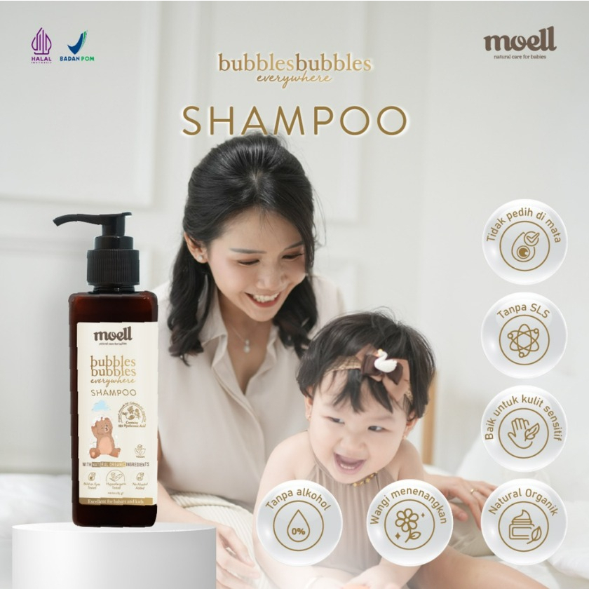 Moell Hair Lotion / Moist Skin Everytime / moel Bubbles Shampoo Everywhere / Body Wash / Multipurpose Balm / Essential Bayi / Perlengkapan Skincare &amp; Mandi Bayi