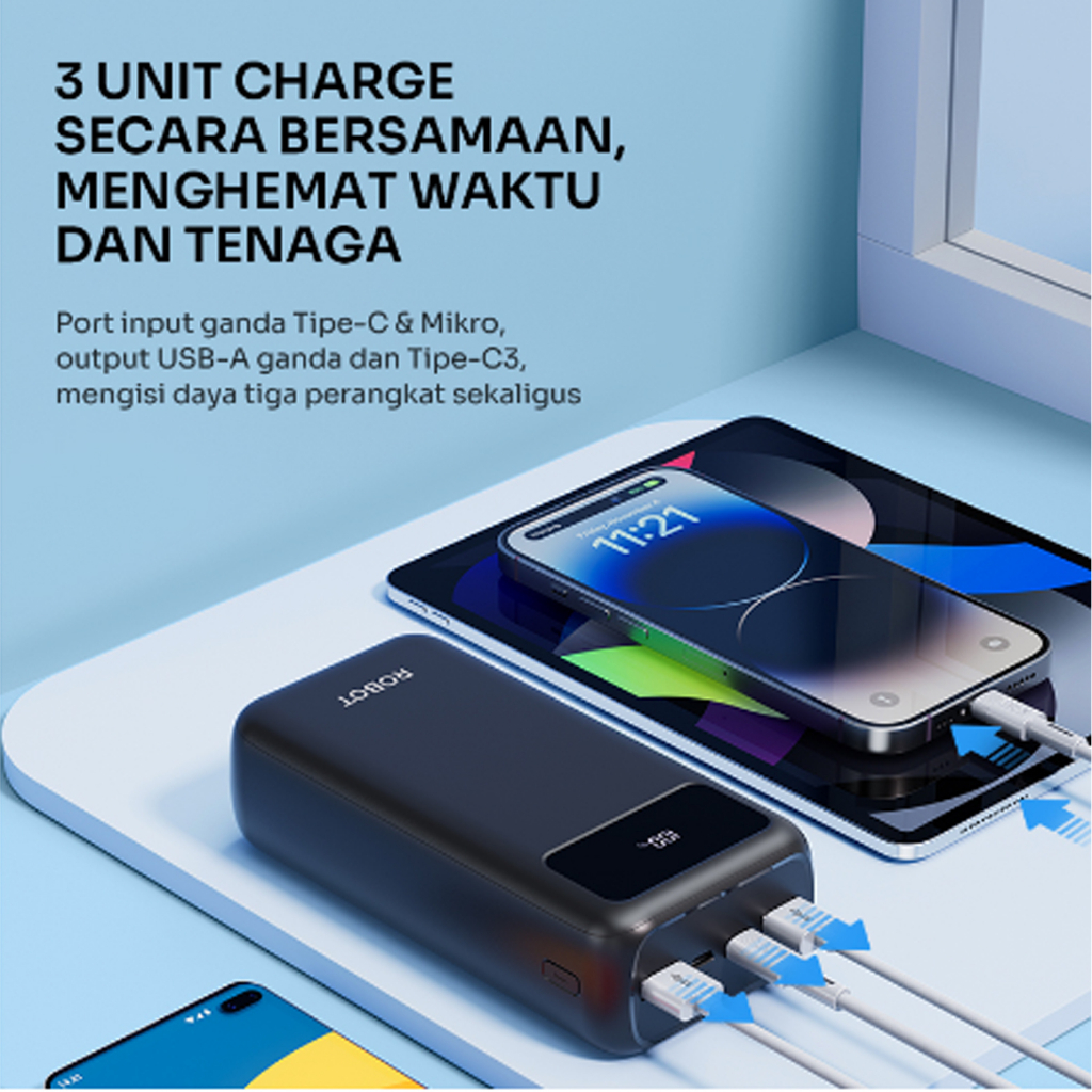 Power Bank Robot RT32 30000 Mah - RT30 Quick Charge 22.5W LED Display Support Pengisian Daya Cepat