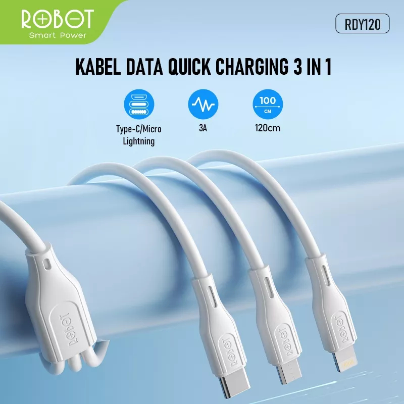 Kabel Data Fast Charging 3in1 Micro Type C Lightning 3A Robot RDY120 120cm