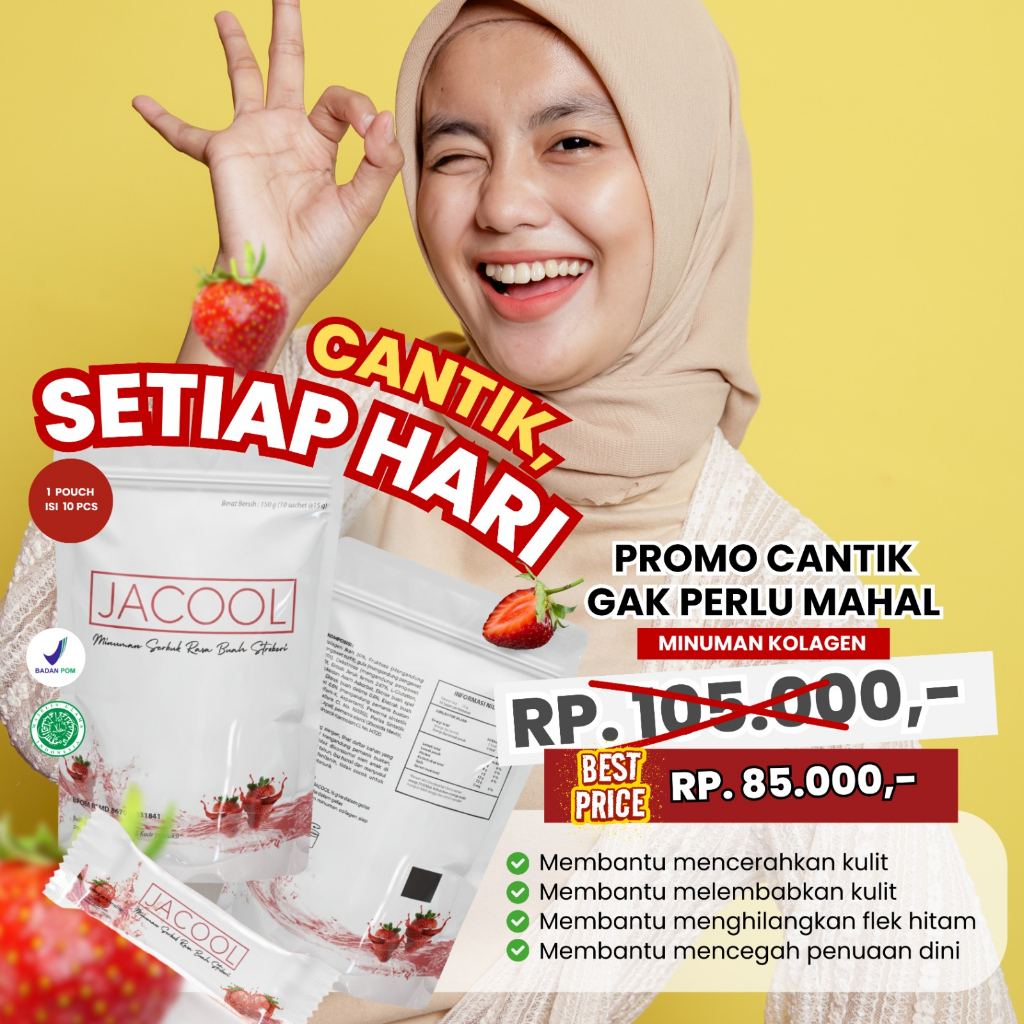 Jacool Collagen Drink Suplemen Kecantikan Perawatan Kulit Minuman Kolagen Ikan + Vitamin C Rasa Strawberry Minuman Serbuk Collagen Beauty Drink Tripeptide L-Glutathione Isi 10 Sachet BPOM