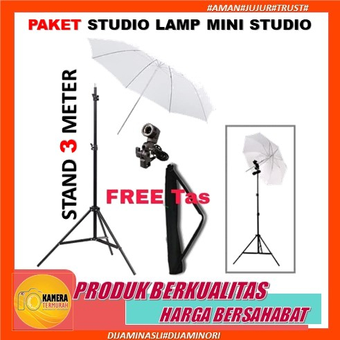 Paket Studio Light Stand 3 Meter with Bag + Lamp Holder + Payung Putih